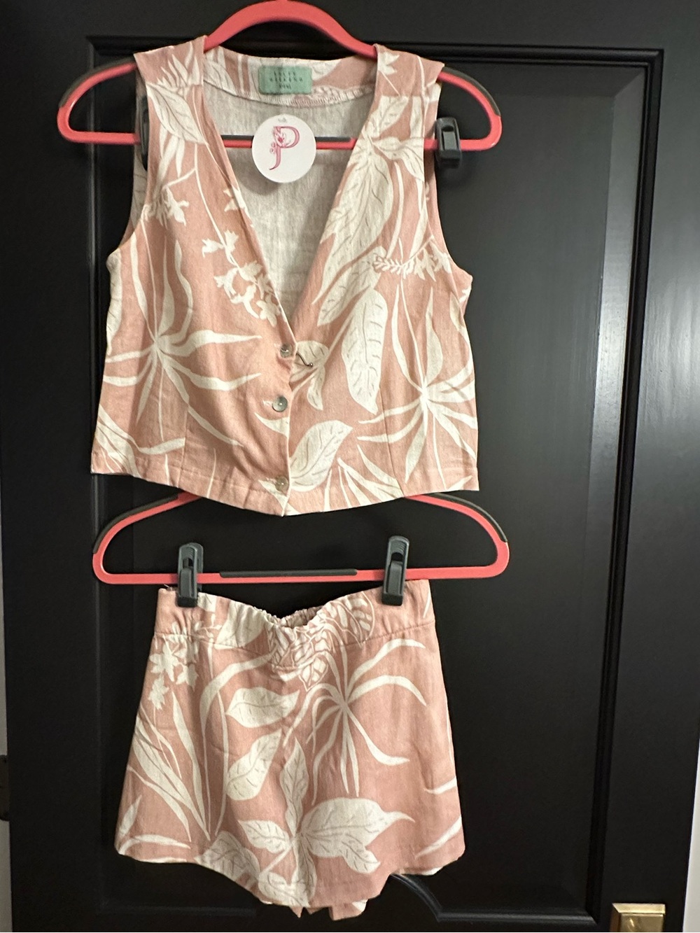 NWT Boutique Two-Piece Linen Blend Skort Set - Blush Leaf Print XS/S